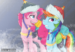 Size: 1024x710 | Tagged: safe, artist:lesiwtheponyartist, derpibooru import, pinkie pie, rainbow dash, earth pony, pegasus, pony, the lost treasure of griffonstone, hat, mongolian shepherd hat