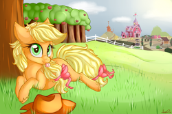 Size: 3000x2000 | Tagged: safe, artist:shyshyoctavia, applejack, earth pony, pony, apple tree, cheek fluff, cloud, cloudy, cute, filly, fluffy, grass, hatless, missing accessory, prone, solo, sweet apple acres, tongue out, unshorn fetlocks, who's a silly pony