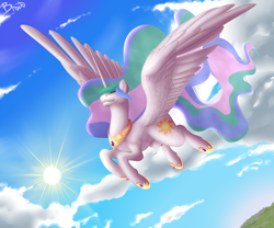 Size: 1024x853 | Tagged: safe, artist:lazyeva, princess celestia, alicorn, pony, cloud, eyes closed, flying, solo