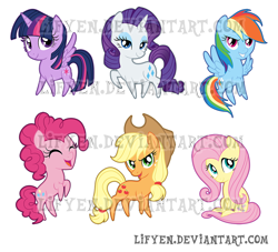 Size: 1000x906 | Tagged: safe, artist:lifyen, derpibooru import, applejack, fluttershy, pinkie pie, rainbow dash, rarity, twilight sparkle, twilight sparkle (alicorn), alicorn, earth pony, pegasus, pony, unicorn, chibi, female, mane six, mare, watermark