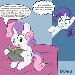 Size: 600x600 | Tagged: source needed, safe, artist:empyu, edit, rarity, sweetie belle, pony, troll, unicorn, book, cutie mark, dialogue, exploitable meme, goanimate, implied chrysalis, implied princess cadance, implied shining armor, implied twilight sparkle, meme, reading, speech bubble, storybook, sweetie belle's book, template, the cmc's cutie marks, trollight sparkle, trolling, you are grounded grounded grounded