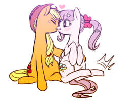 Size: 876x700 | Tagged: safe, artist:nitronic, applejack, oc, oc:floating s petal, earth pony, pony, canon x oc, kissing, pixiv