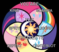 Size: 596x528 | Tagged: safe, derpibooru import, king sombra, alicorn, pony, unicorn, canterlot, destiny generator, meme, text