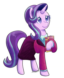 Size: 1460x1770 | Tagged: safe, artist:gintoki23, starlight glimmer, pony, unicorn, the last problem, book, clothes, headmare starlight, older, older starlight glimmer, skirt, smiling, solo, suit