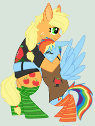 Size: 723x955 | Tagged: safe, artist:monkeyquestlover54, derpibooru import, applejack, rainbow dash, earth pony, pegasus, pony, appledash, bottomless, clothes, crying, female, hug, lesbian, mama bear, partial nudity, shipping, shirt, sleepover, socks, striped socks