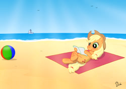 Size: 1300x915 | Tagged: safe, artist:didipig, applejack, earth pony, pony, beach, beach ball, on back, reading, solo, water