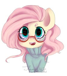 Size: 866x982 | Tagged: safe, artist:yukomaussi, fluttershy, pegasus, pony, clothes, glasses, solo, sweater, sweatershy, thick eyebrows