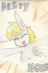 Size: 692x1045 | Tagged: safe, artist:slightlyshade, derpy hooves, pony, eyes closed, hug, hug request, intentional spelling error, solo, traditional art