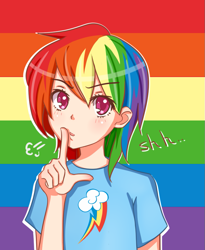 Size: 749x915 | Tagged: safe, artist:0les-x, derpibooru import, rainbow dash, human, clothes, cutie mark, cutie mark dress, humanized, quiet, solo