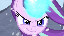 Size: 1271x715 | Tagged: safe, screencap, starlight glimmer, pony, the ending of the end, badass, confident, female, fight, glowing horn, horn, magic, put it on my tab, smiling, smirk, snow, solo, windswept mane