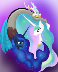 Size: 4000x4927 | Tagged: safe, artist:meskitt, discord, princess celestia, princess luna, alicorn, pony, crown, female, horn, jewelry, mare, regalia, siblings, sisters