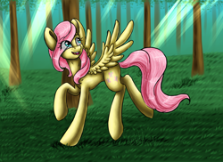 Size: 3000x2181 | Tagged: safe, artist:artyjoyful, fluttershy, pegasus, pony, crepuscular rays, female, forest, looking back, mare, running, smiling, solo