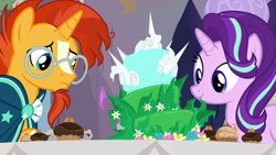 Size: 1920x1080 | Tagged: safe, screencap, starlight glimmer, sunburst, pony, unicorn, student counsel, cake, cupcake, equinox cake, food