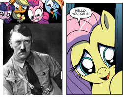 Size: 655x515 | Tagged: safe, derpibooru import, applejack, fluttershy, pinkie pie, rainbow dash, twilight sparkle, earth pony, pegasus, pony, spoiler:comic, adolf hitler, exploitable meme, fluttershy's cutie, meme