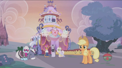 Size: 1234x694 | Tagged: safe, derpibooru import, screencap, applejack, hoity toity, inky rose, lily lace, photo finish, starstreak, earth pony, pony, honest apple, carousel boutique