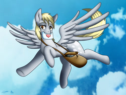 Size: 1980x1500 | Tagged: safe, artist:evil-rick, derpy hooves, pegasus, pony, cloud, female, letter, mailbag, mailmare, mare, mouth hold, sky, solo