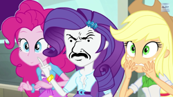 Size: 1280x720 | Tagged: safe, edit, edited screencap, screencap, applejack, pinkie pie, rarity, equestria girls, rainbow rocks, aqua teen hunger force, arms, belt, bracelet, breasts, bust, button up shirt, carl brutananadilewski, clothes, elbowed sleeves, eyelashes, face swap, fake rarity, female, fingers, freckles, frown, hairpin, hand, hand on face, imposter, inverted mouth, jewelry, long hair, male, middle finger, open frown, open mouth, ponytail, shirt, short sleeves, skirt, standing, store, teeth, top, torn clothes, vest