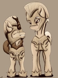 Size: 768x1024 | Tagged: safe, artist:mixdaponies, autumn blaze, granny smith, earth pony, kirin, pony, armor, female, grayscale, monochrome, quadrupedal, royal guard armor, sepia, smiling, young granny smith, younger