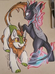 Size: 1591x2153 | Tagged: safe, artist:gleamydreams, autumn blaze, kirin, nirik, balance, cloven hooves, female, golden eyes, jumping, light and dark, mare, moon and ocean, open mouth, push and pull, raised hoof, simple background, smiling, traditional art, yin-yang