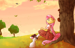 Size: 1140x737 | Tagged: safe, artist:kelsea-chan, fluttershy, anthro, clothes, dress, solo