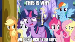 Size: 765x430 | Tagged: safe, derpibooru import, edit, edited screencap, screencap, applejack, fluttershy, pinkie pie, rainbow dash, rarity, twilight sparkle, twilight sparkle (alicorn), alicorn, earth pony, pegasus, pony, unicorn, fame and misfortune, disgusted, fourth wall, funny, mane six, meme, reaction image, text, this is why aliens won't talk to us, twilight's castle