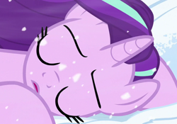 Size: 1000x700 | Tagged: safe, screencap, starlight glimmer, pony, unicorn, the ending of the end, cropped, eyes closed, snow, solo