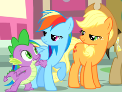 Size: 1153x869 | Tagged: safe, derpibooru import, edit, edited screencap, screencap, applejack, doctor whooves, rainbow dash, spike, dragon, earth pony, pegasus, pony, pinkie pride, applespike, applespikedash, bedroom eyes, bisexual, cropped, female, hundreds of users filter this tag, lesbian, male, polyamory, rainbowspike, shipping, smiley face, smiling, straight