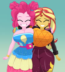 Size: 1700x1900 | Tagged: safe, artist:mashoart, pinkie pie, sunset shimmer, better together, equestria girls, sunset's backstage pass!, big breasts, boob squish, breasts, clothes, cute, diapinkes, eyes closed, female, friendship, grin, happy, huge breasts, music festival outfit, pinkie pies, shimmerbetes, smiling, sunset jiggler, wide hips