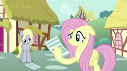 Size: 1280x720 | Tagged: safe, screencap, derpy hooves, fluttershy, pegasus, pony, hurricane fluttershy, confused, flyer, house, paper, ponyville, tree