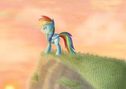 Size: 1062x752 | Tagged: safe, artist:chanceyb, derpibooru import, rainbow dash, pegasus, pony, hill, scenery, solo, sunset