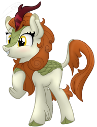 Size: 965x1260 | Tagged: safe, alternate version, artist:soctavia, autumn blaze, kirin, background removed, blushing, cloven hooves, female, happy, hoof on chest, leonine tail, mare, signature, simple background, solo, transparent background