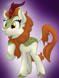 Size: 965x1260 | Tagged: safe, artist:soctavia, autumn blaze, kirin, blushing, cloven hooves, female, gradient background, happy, hoof on chest, leonine tail, mare, signature, solo