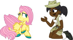 Size: 1116x617 | Tagged: safe, artist:starryoak, fluttershy, human, pegasus, pony, crossover, jasmine, kneeling, simple background, total drama island, transparent background, unshorn fetlocks