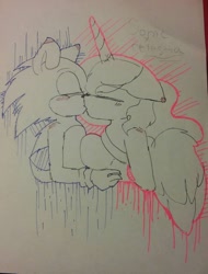 Size: 900x1184 | Tagged: safe, artist:rubygemshard, princess celestia, anthro, crossover, crossover shipping, hell, kissing, nope, nope.avi, request, shipping, sonic the hedgehog, sonic the hedgehog (series), soniclestia, wat