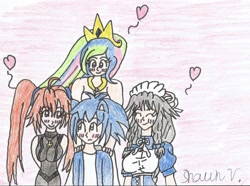 Size: 1469x1090 | Tagged: safe, artist:shawnventura, princess celestia, human, crossover, crossover shipping, eared humanization, erza scarlet, erza scarlett, fairy tail, grayfia lucifuge, heart, highschool dxd, humanized, request, shipping, sonic the hedgehog, sonic the hedgehog (series), soniclestia, traditional art