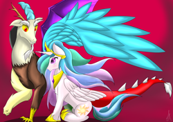 Size: 7016x4961 | Tagged: safe, artist:siranarchy95, discord, princess celestia, alicorn, pony, absurd resolution, dislestia, female, male, shipping, straight