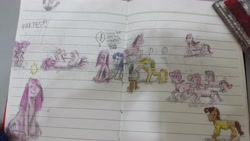 Size: 4128x2322 | Tagged: safe, artist:horsesplease, applejack, bubble berry, cheese sandwich, pinkie pie, rarity, earth pony, pony, unicorn, ball, bouncing, lined paper, pinkie clone, rule 63, traditional art