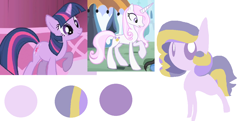 Size: 1124x545 | Tagged: safe, artist:angelstar000, derpibooru import, screencap, fleur-de-lis, twilight sparkle, oc, oc:clock tick, the ticket master, blank flank, magical lesbian spawn, offspring, parent:fleur-de-lis, parent:twilight sparkle