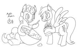 Size: 1000x648 | Tagged: safe, artist:sepiakeys, derpy hooves, pinkie pie, earth pony, pegasus, pony, baking, basket, blueberry, bowl, duo, duo female, female, food, mare, mixing bowl, monochrome, tongue out