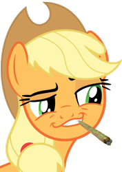 Size: 724x1024 | Tagged: safe, artist:muddyfudger, applejack, earth pony, pony, daring don't, 420, marijuana, simple background, smirk, smoking, smugdash, solo, transparent background, vector