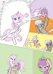 Size: 500x704 | Tagged: safe, artist:almaska, derpibooru import, diamond tiara, fleur-de-lis, silver spoon, comic:everfree filly, comic, wip