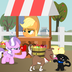 Size: 1950x1950 | Tagged: safe, artist:magerblutooth, applejack, diamond tiara, winona, oc, oc:dazzle, cat, earth pony, pony, apple, licking