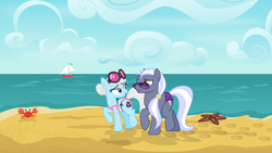 Size: 3840x2160 | Tagged: safe, artist:cheezedoodle96, derpibooru import, fluttershy, gentle breeze, hoity toity, photo finish, posey shy, zephyr breeze, crab, earth pony, pegasus, pony, .svg available, alternate hairstyle, beach, bikini, clothes, cloud, cutie mark, duo focus, eye contact, female, looking at each other, male, mare, missing accessory, ocean, photoity, sailboat, shipping, shys, skuttles the crab, speedo, stallion, starfish, straight, string bikini, svg, swimsuit, the shy family, vector, walking, wallpaper