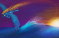 Size: 1280x828 | Tagged: safe, artist:xormak, derpibooru import, rainbow dash, pegasus, pony, rainbow trail, solo, water, wings