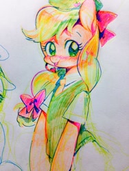 Size: 768x1024 | Tagged: dead source, safe, artist:hotomura, applejack, earth pony, pony, semi-anthro, blushing, bow, clothes, hair bow, shirt, solo, traditional art, vest