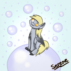 Size: 1280x1280 | Tagged: safe, artist:serenepony, derpy hooves, pegasus, pony, bubble, female, mare, signature