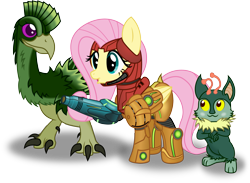 Size: 3561x2606 | Tagged: dead source, safe, artist:farminilla, fluttershy, alien, pegasus, pony, crossover, dachora, etecoon, high res, metroid, nintendo, samus aran, simple background, transparent background