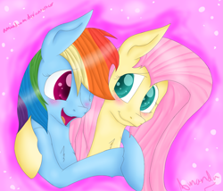 Size: 2285x1952 | Tagged: safe, artist:amandaam, derpibooru import, fluttershy, rainbow dash, pegasus, pony, blushing, female, flutterdash, hug, lesbian, shipping