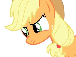 Size: 1024x768 | Tagged: safe, artist:birdivizer, applejack, earth pony, pony, looking down, nose wrinkle, simple background, smiling, smirk, solo