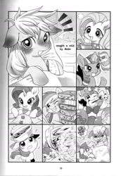 Size: 1200x1745 | Tagged: safe, artist:mabo, derpibooru import, apple bloom, applejack, fluttershy, pinkie pie, rainbow dash, rarity, twilight sparkle, earth pony, pegasus, pony, unicorn, adorabloom, book, cold, comic, cute, mane six, monochrome, soup